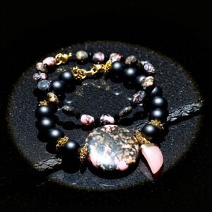 2x Rhodonite Stack Bracelet Set! Statement Bracelet Set 7.5" ~ Pink & Black!